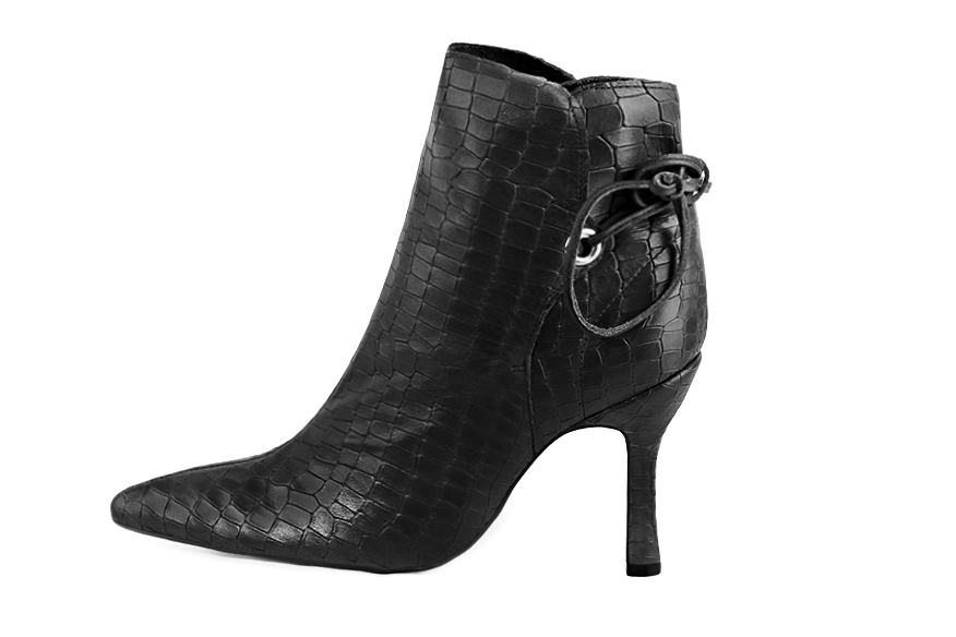 Dark grey women's ankle boots with laces at the back. Tapered toe. Very high spool heels. Profile view - Florence KOOIJMAN